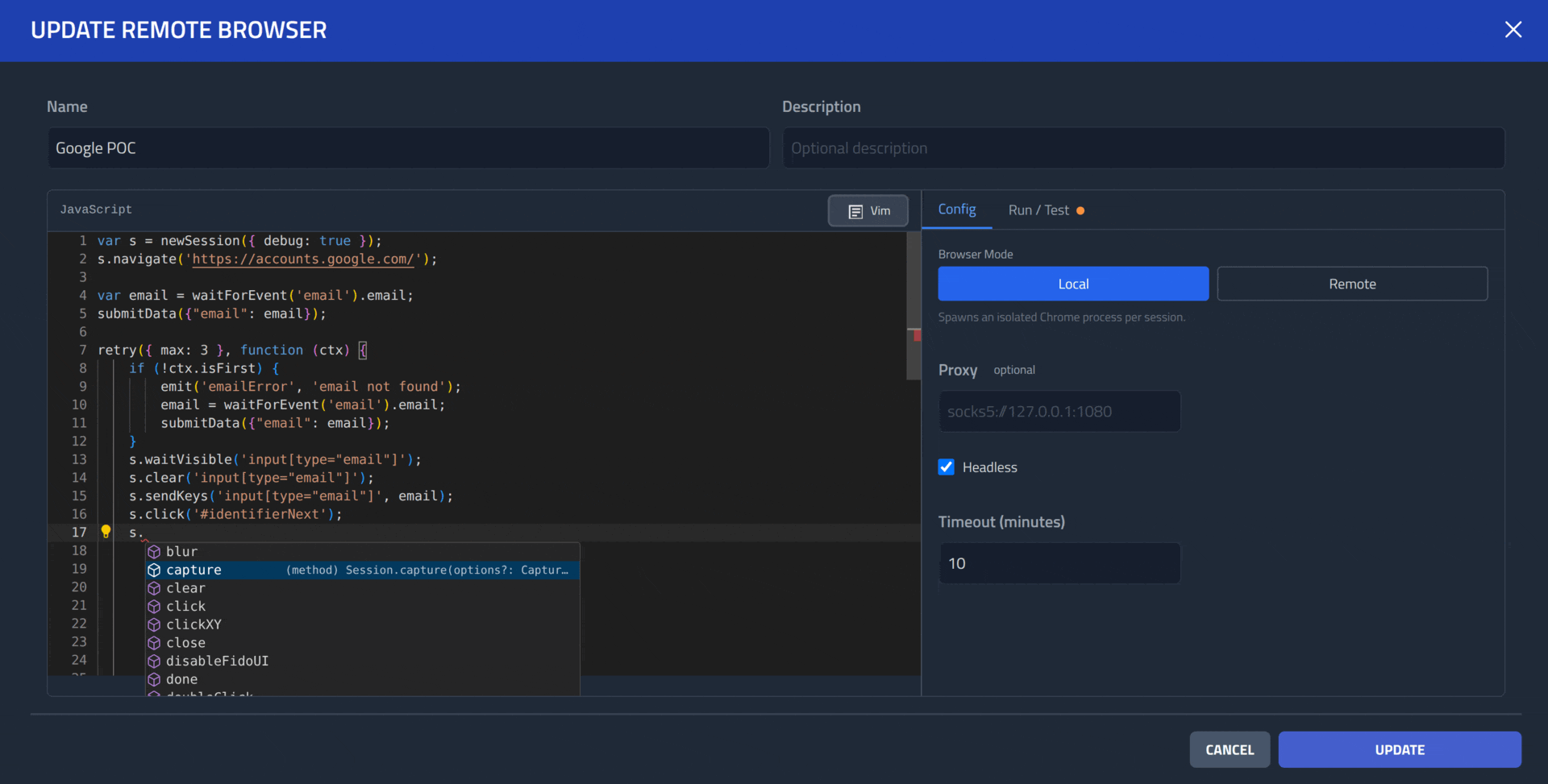 GIF running with images of remote browser editor and remote control.