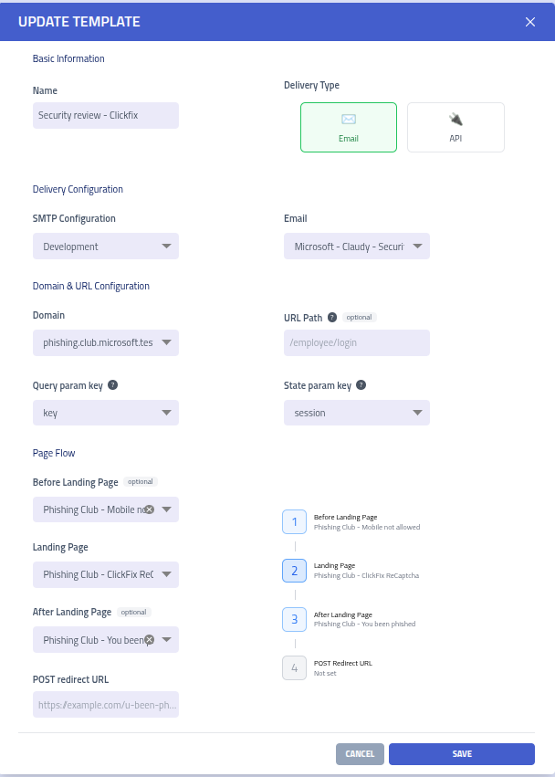 Phishing Club template configuration for ClickFix campaign