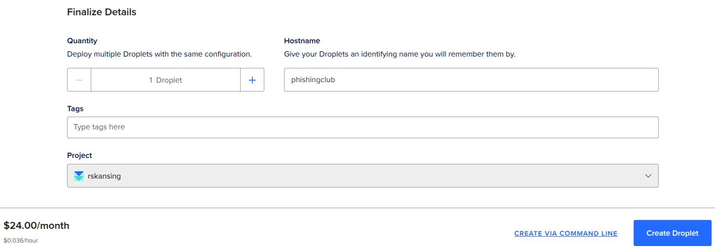 DigitalOcean create droplet page showing 'Create' button
