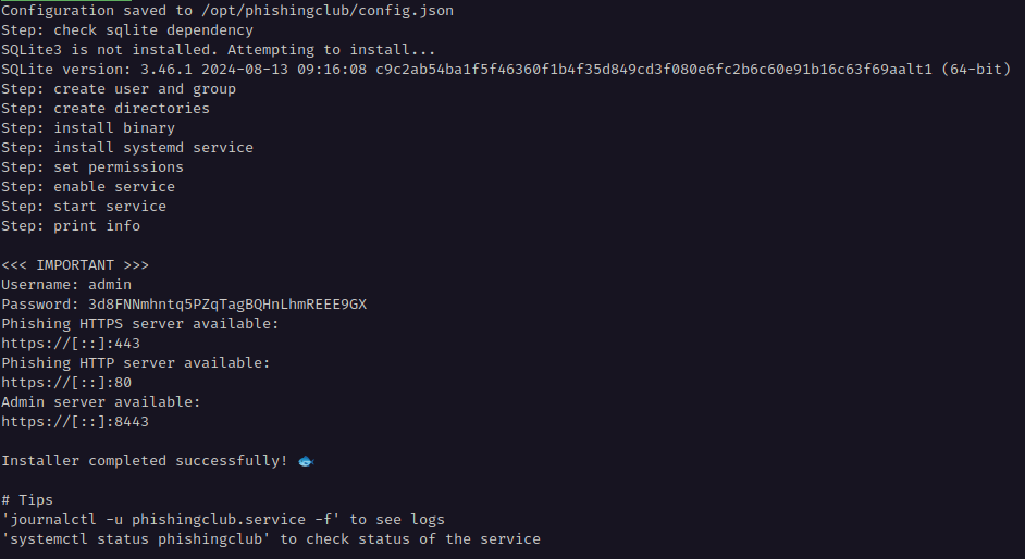 Installer running, adding dependencies, created systemd service and outputting server details
