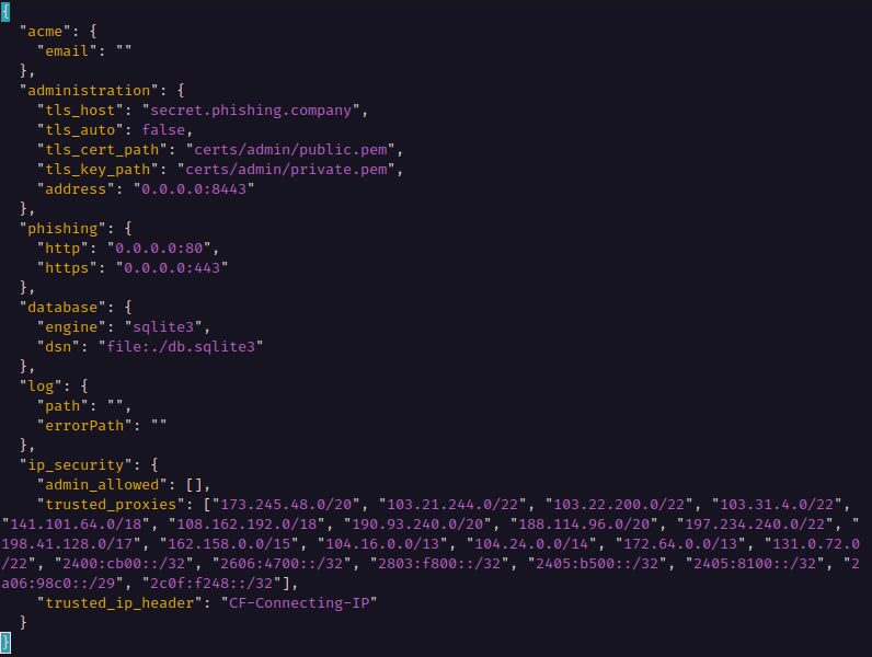 VIM open with phishing club config.json showing Cloudflare's ip ranges and trusted IP forward header