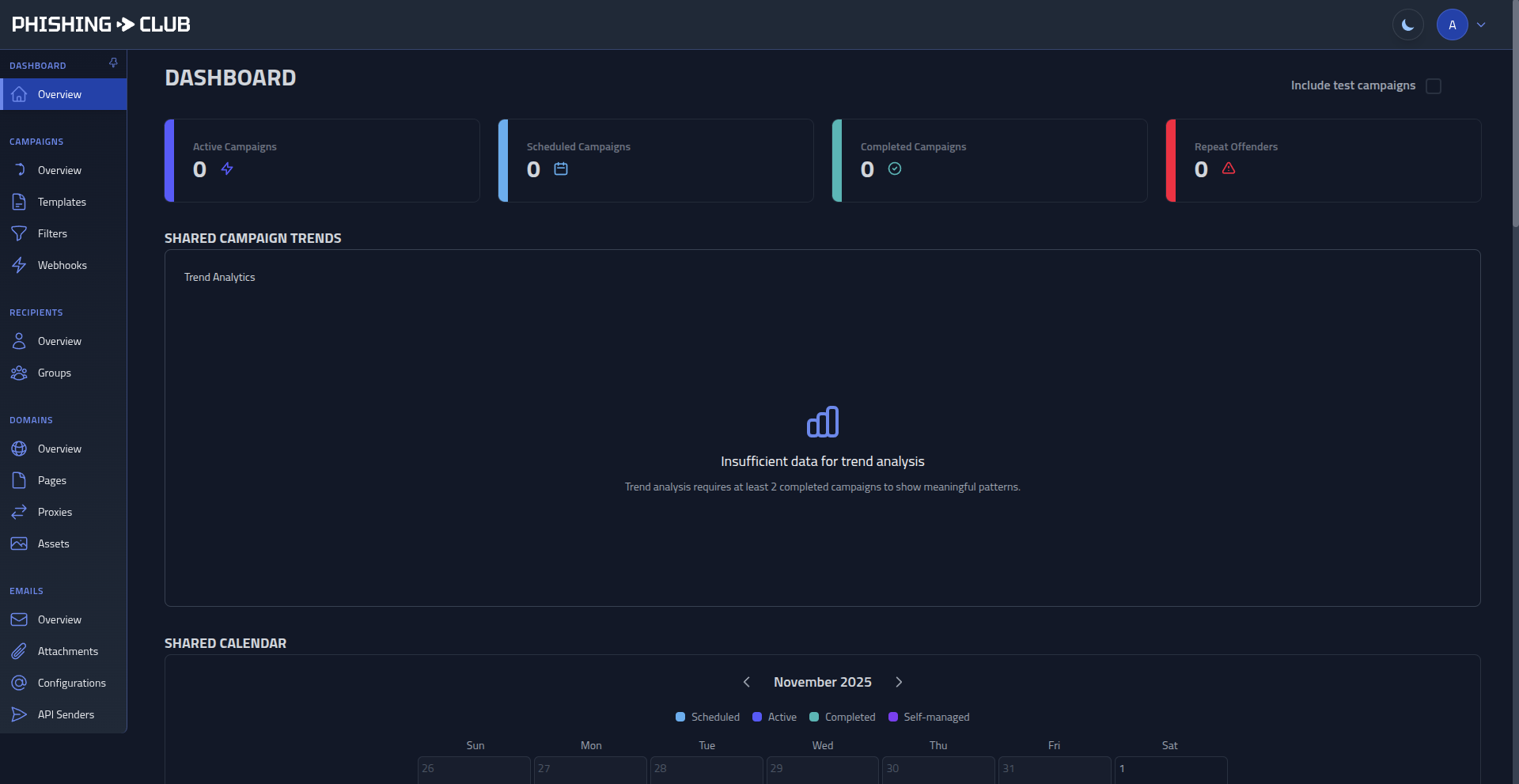 Phishing Club dashboard with menu pinned