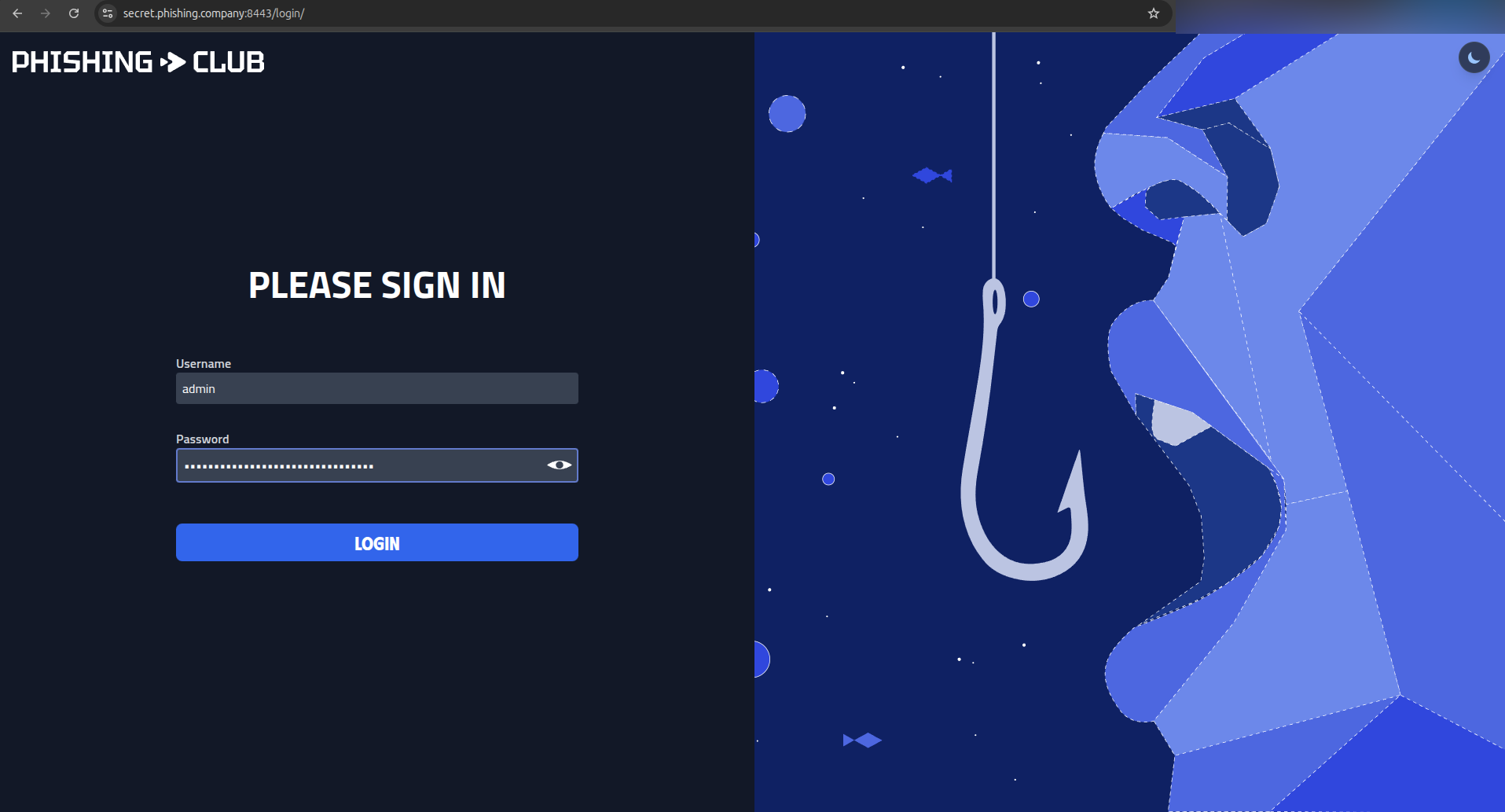 Logging into the admin website of Phishing Club