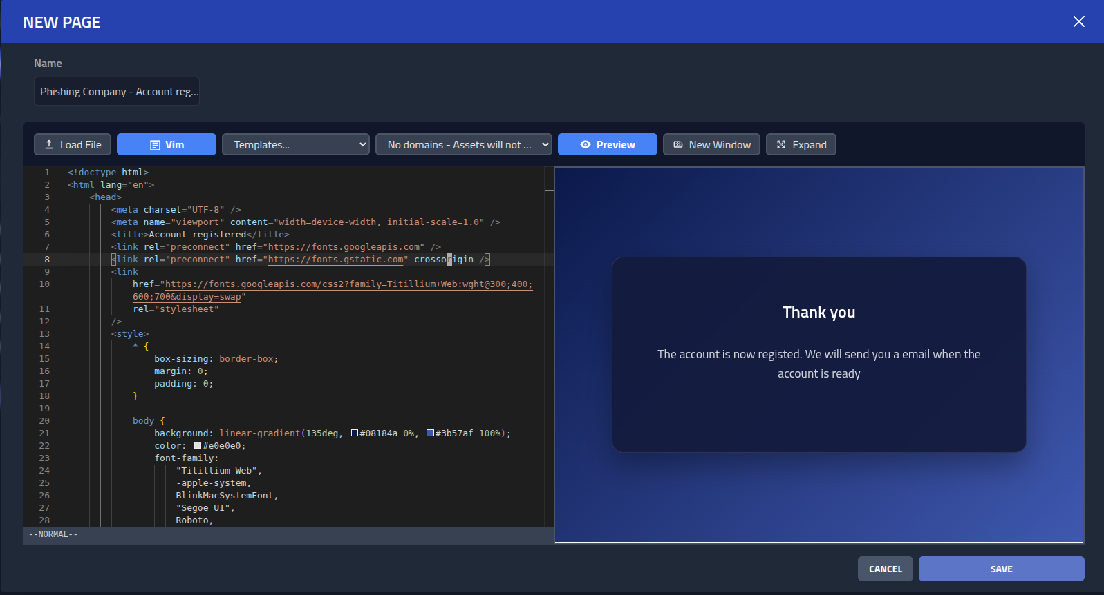 Editor open with the after page contents