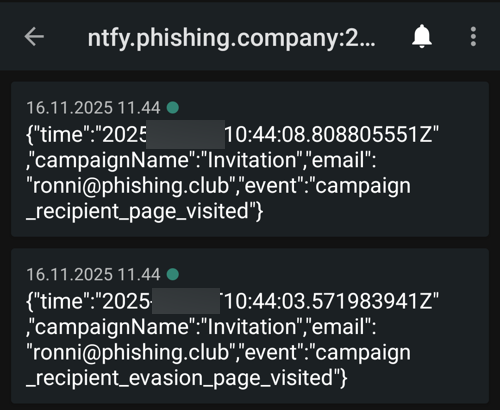 NTFY notifications on the phone for the page visists