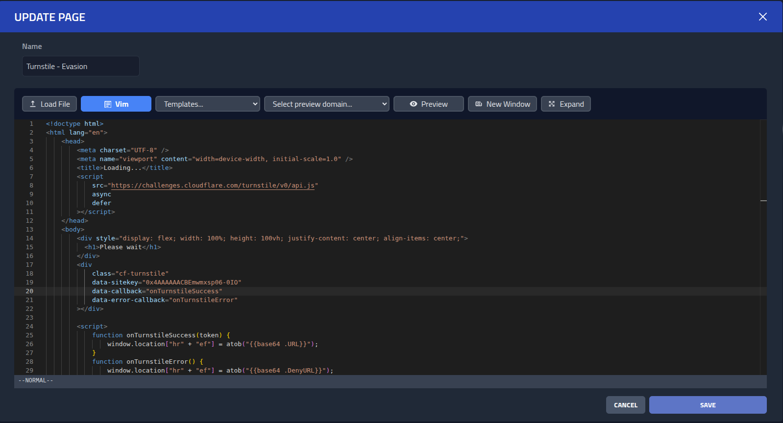 Editor showing turnstile evasion page with changes