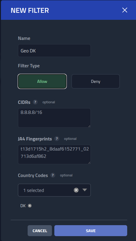 Modal for creating an filter with DK selected
