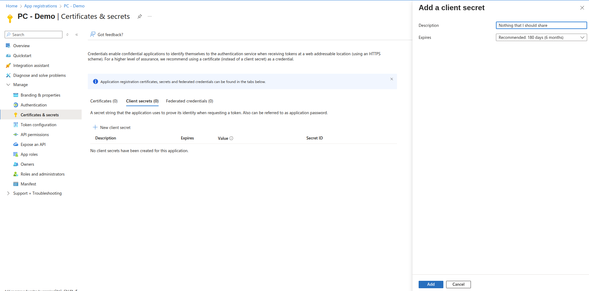 Phishing Club - Adding a secret to the oauth application