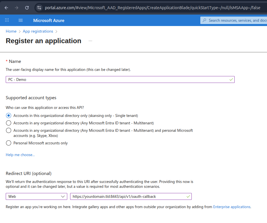 Phishing Club - Filling out Microsoft new app registration page