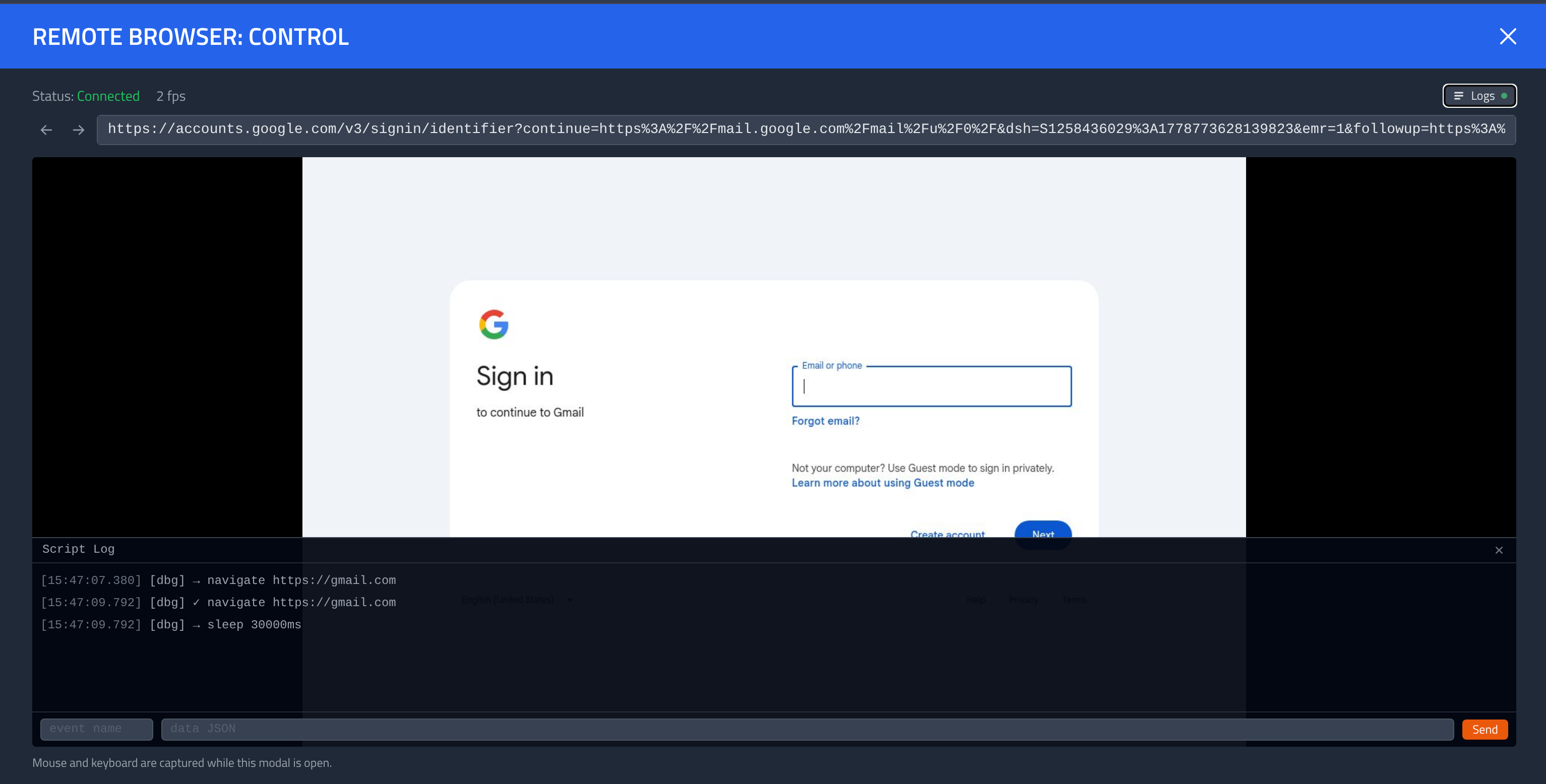 Remote Browser test control