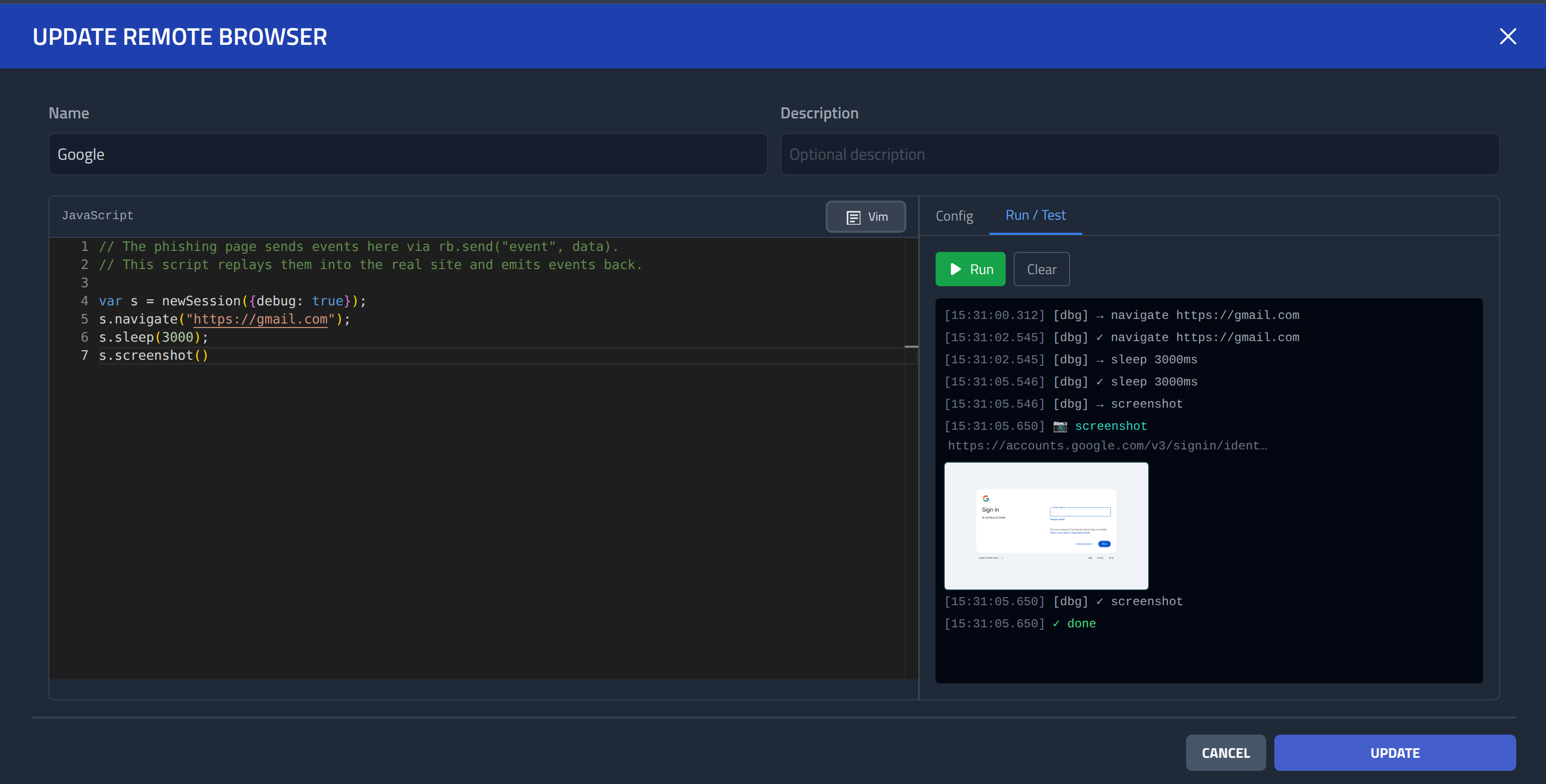 Remote Browser script editor with test run output