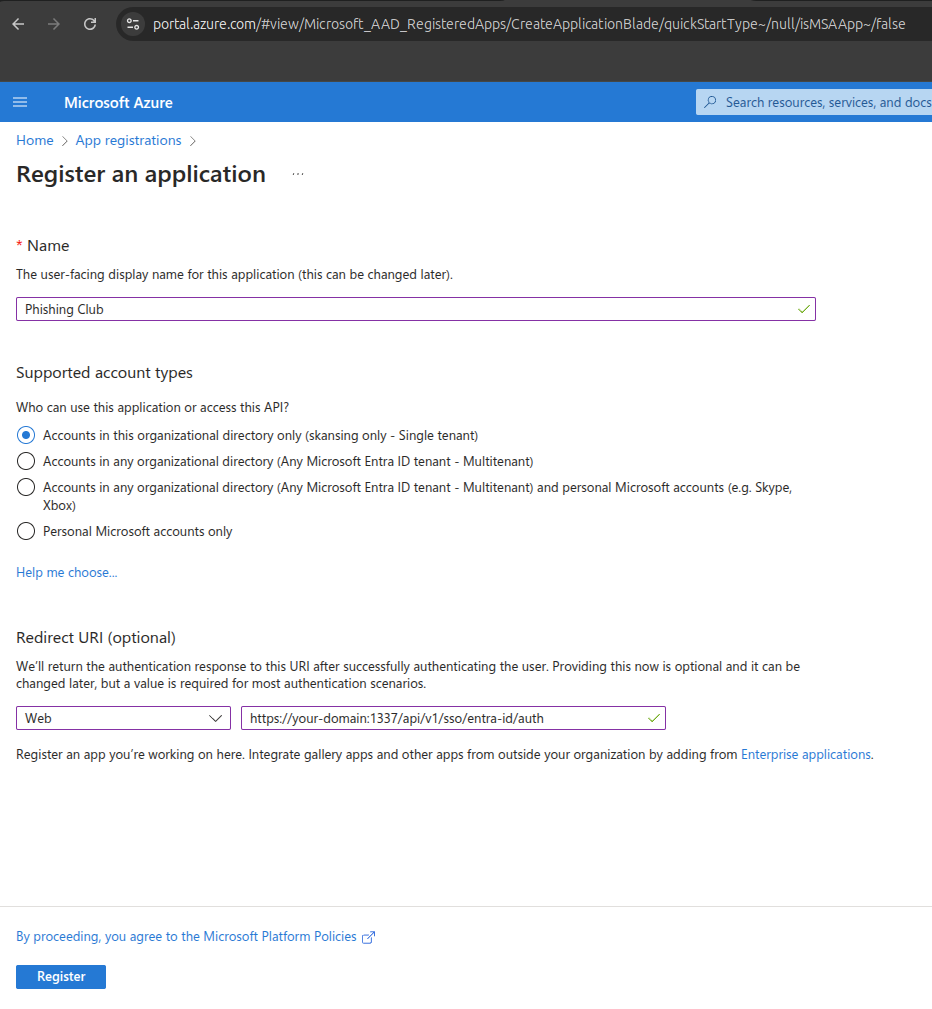 Phishing Club - SSO - Azure app registration