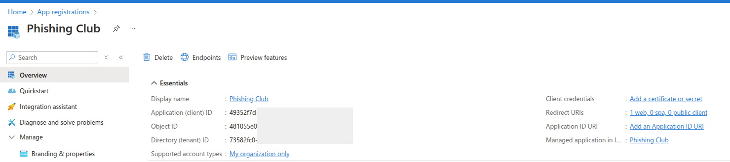 Phishing Club - SSO - Azure app client and tenant id