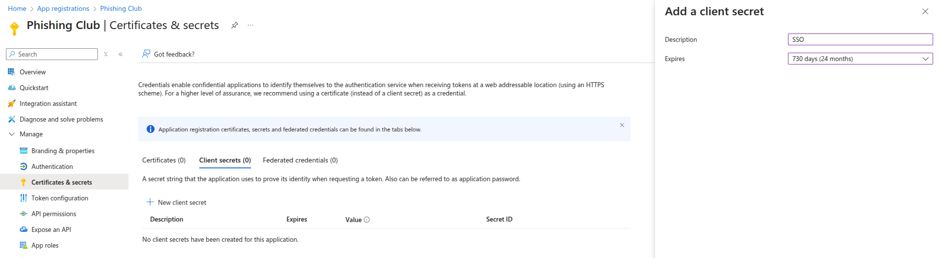Phishing Club - SSO - Azure app registration